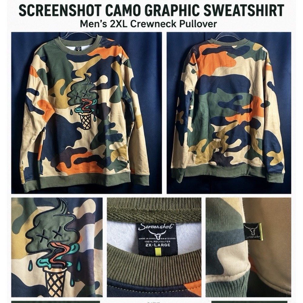 Screenshot Green, Tan, Orange, Camo Crewneck Sweater - Size Large